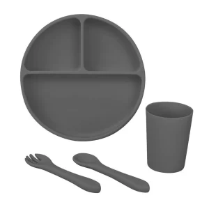 Set de Alimentación Inicial - 4 pzas (Plato, Cuchara, Tenedor y Vaso) - Gris Oscuro
