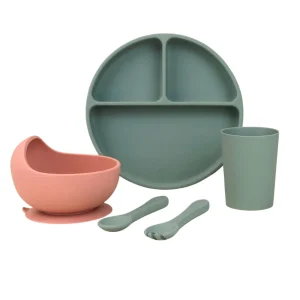 Set de Alimentación para Bebé/Toddler - 5 piezas (Plato, Bowl, Cuchara, Tenedor y Vaso) - Rosa y Verde Salvia