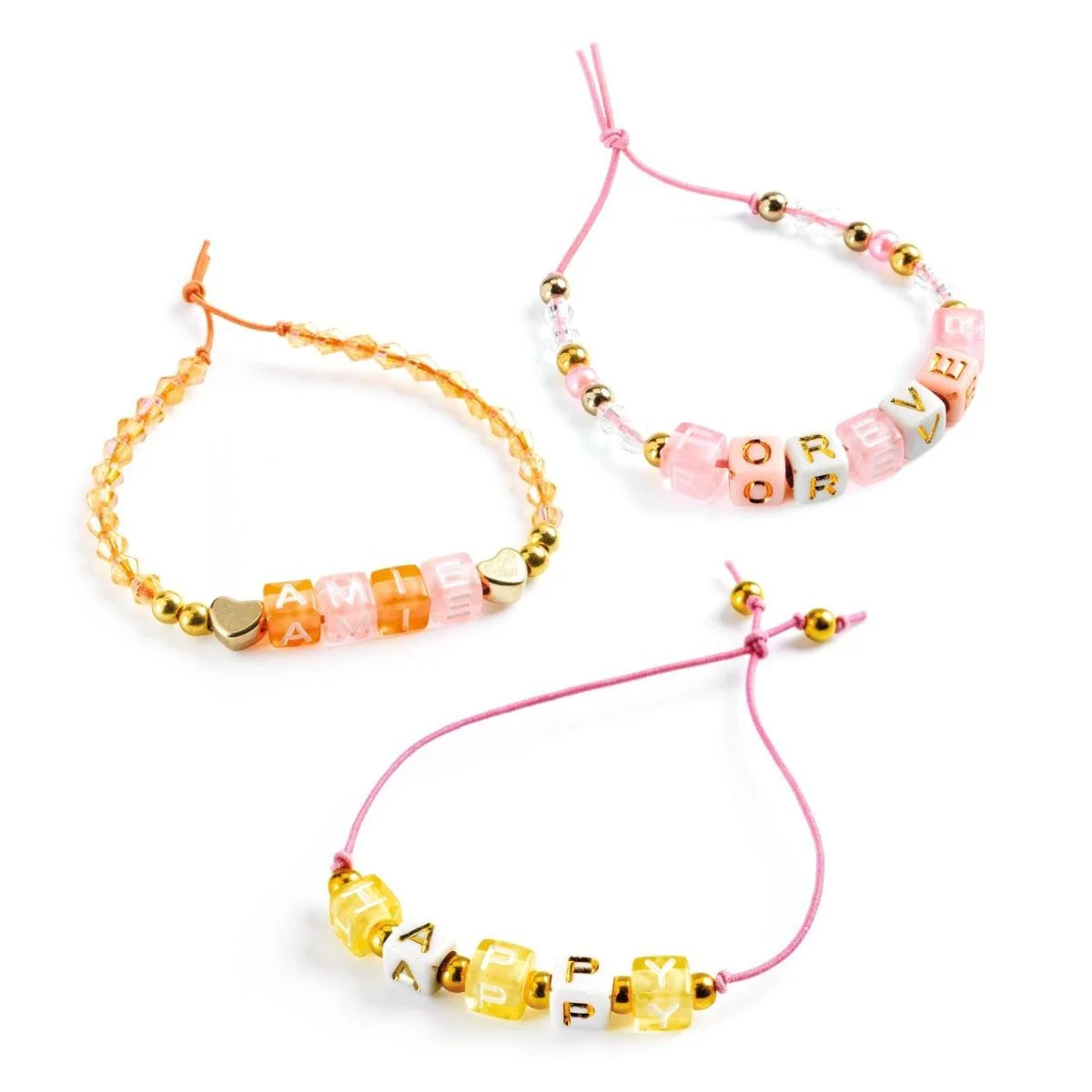 Pulseras de letras doradas